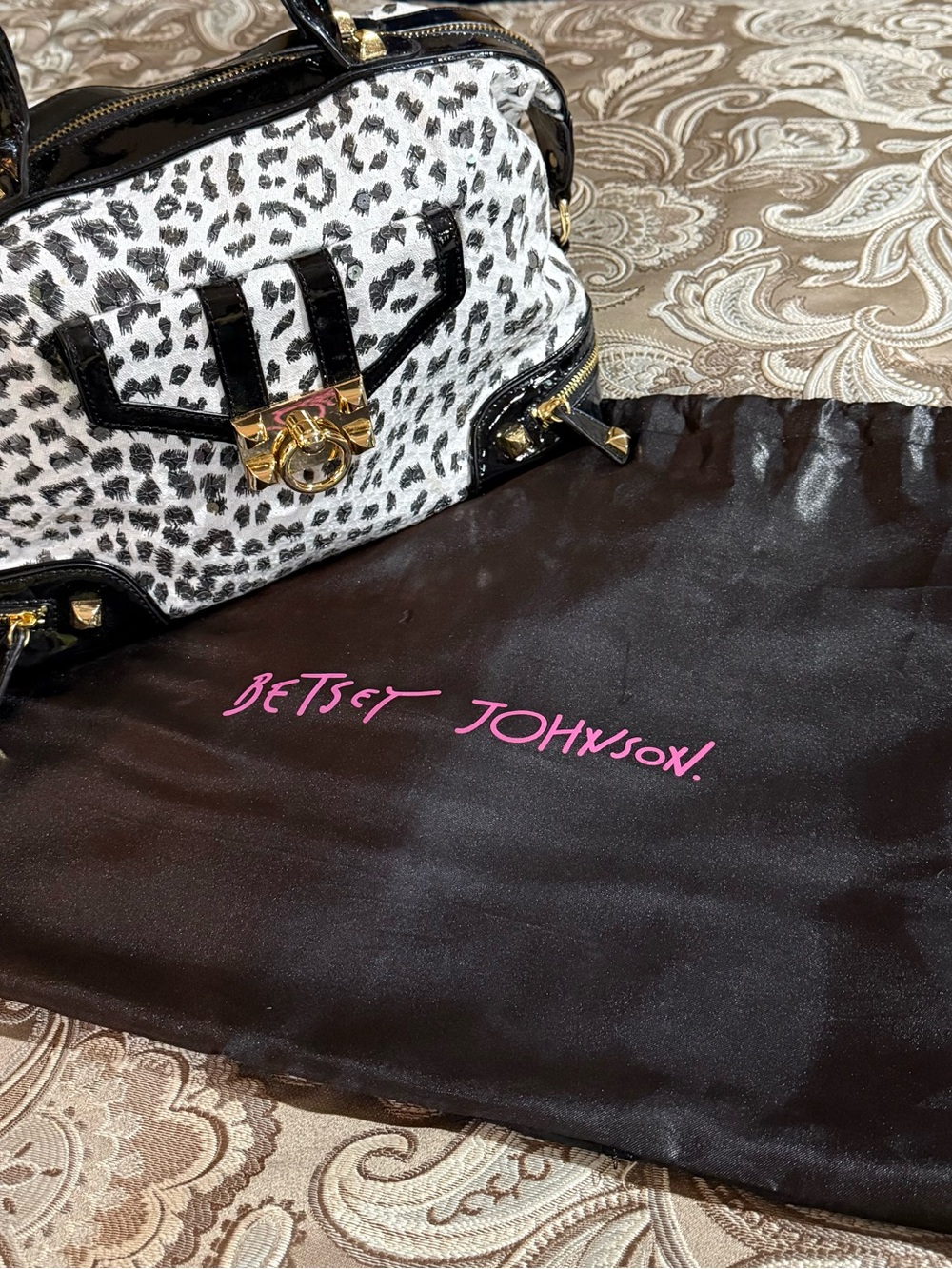 Betsey Johnson Black & White “Leopard Print Sequins” Satchel with Gold Hardware